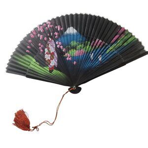 Japanese Folding Fan With Geisha & Mountain Black Pink Floral Red Tassel